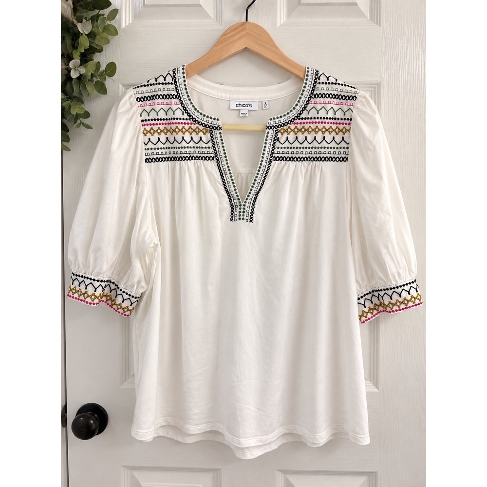 Chico's Embroidered Peasant Blouse Size 3 XL White 3/4 Puff Sleeve Boho